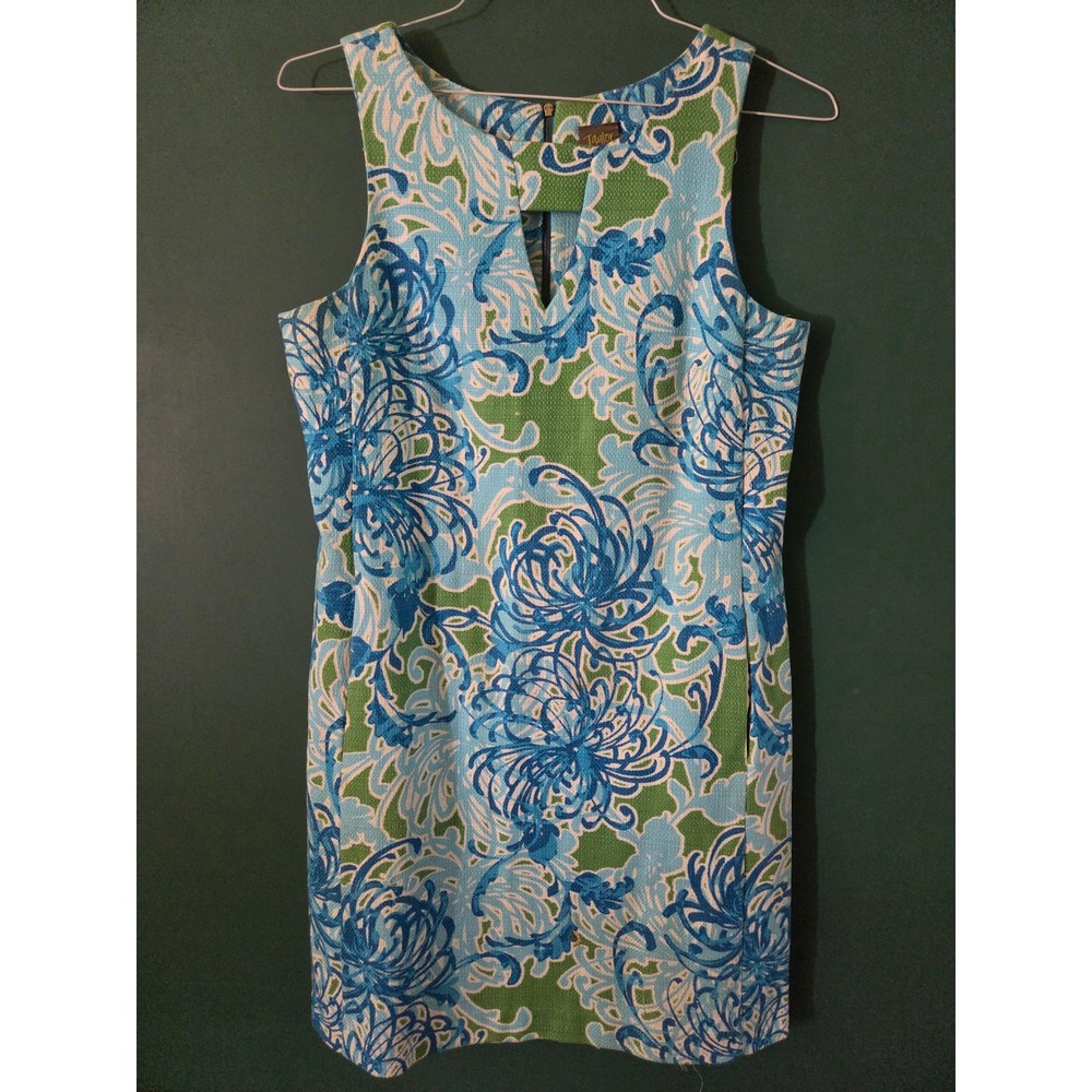 Taylor Blue Green Floral Jacquard‎ Sleeveless Shift Dress V-Neck Cutout Size 10